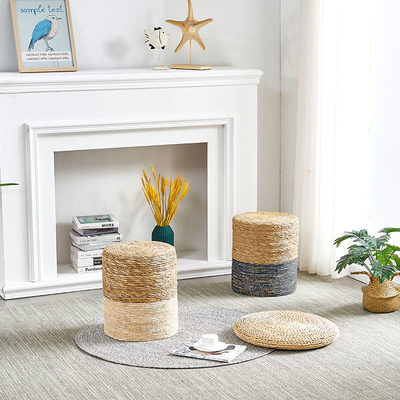 Mxfurhawa Seagrass Pouf Ottoman, Round, Natural photo 5