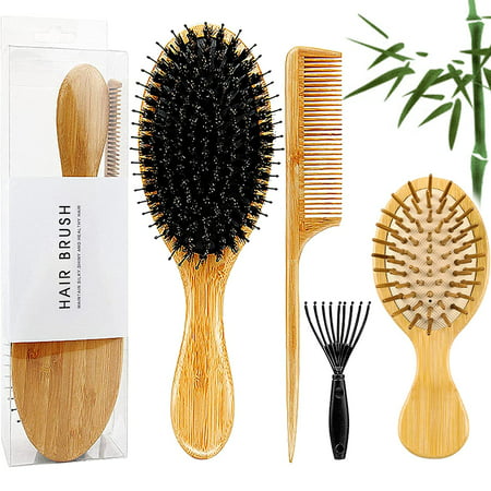 Bamboo Wooden Hair Brush, Boar Bristle Hair Brush for Thick Curly Long Fine  Dry Wet Hair, 4 Pieces Hair Care Set, Paddle Brush and Tail Comb | Walmart  Canada
