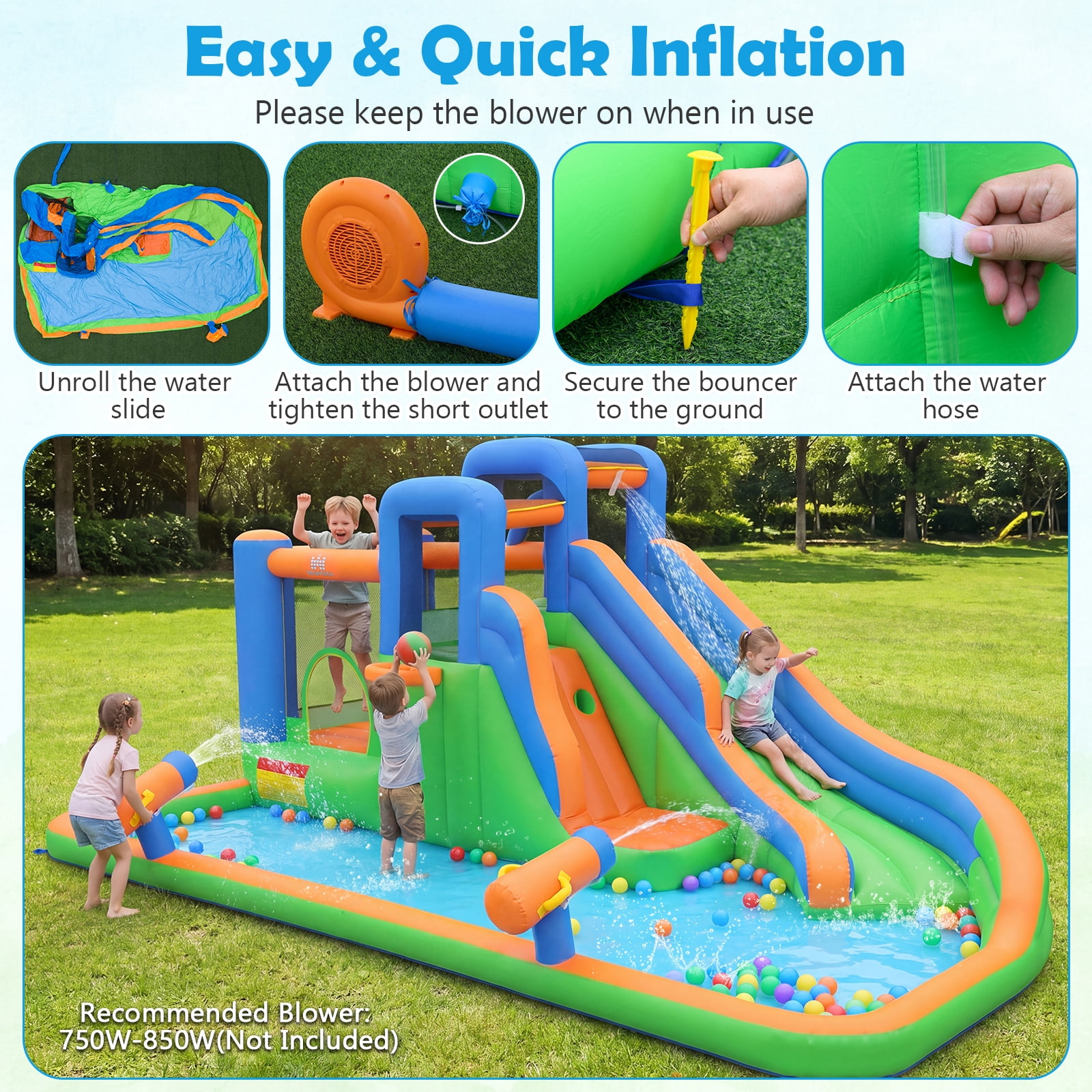 Costway Inflatable Water Slide Park with Slide, Jumping Area, Splash Pool, 2 Climbing Walls