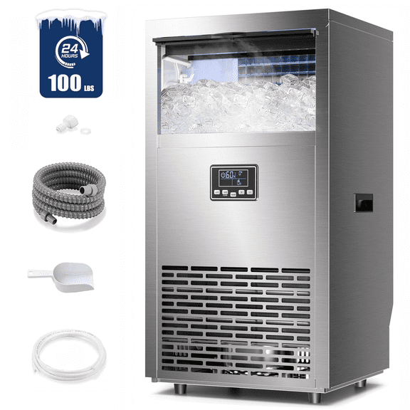 Auseo 100Lbs/24H Commercial Ice Maker, Under Counter Ice Machine with 29lbs Storage Bin, Self-Cleaning & Adjustable Thickness, Stainless Steel