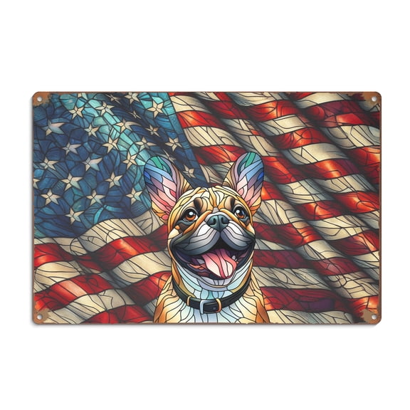 Patriotic French Bulldog Stained Glass Portrait American Flag Horizontal Metal Aluminum Sign Dog Lover Gifts Wall Art Home Decor - 01010