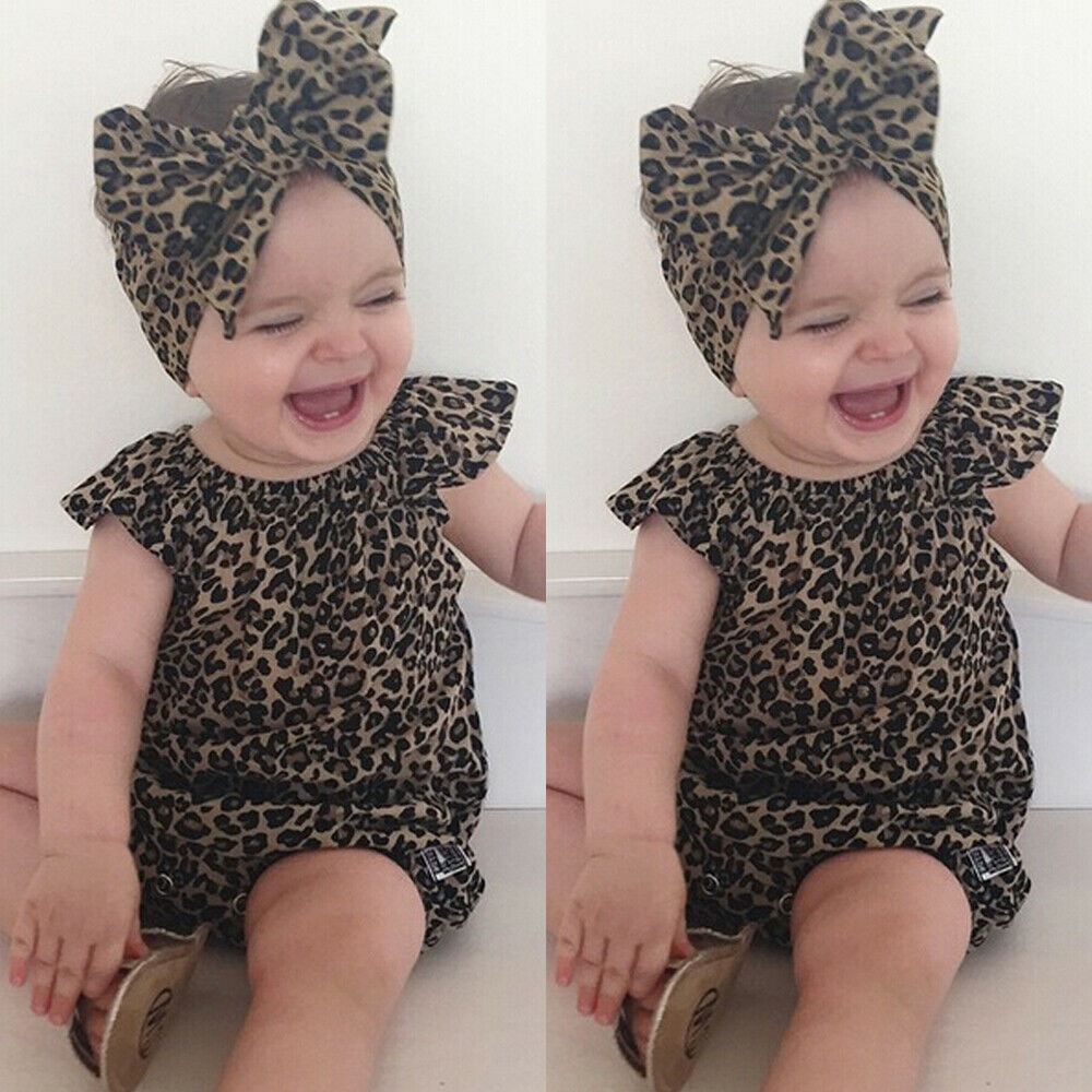 新品 Baby Girl Long Sleeve Black Rompers Bodysuit and Leopard Shorts Pants Headband 3Pcs Outfit Clothes Set 