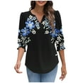 thumbnail image 5 of JTZGDY Blouses for Women Dressy Casual V Neck Boho Floral Printed 3/4 Smocked Cuff Sleeve Womens Tops Trendy Summer Graphic T-Shirts Navy#01 S, 5 of 8