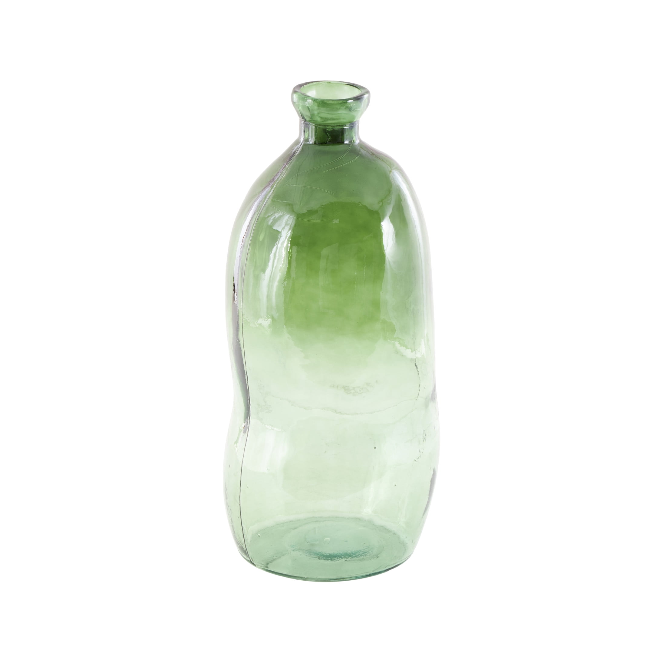 DecMode 29" Abstract Handmade Tall Curved Spanish Bottle Neck Ombre Green Recycled Glass Vase
