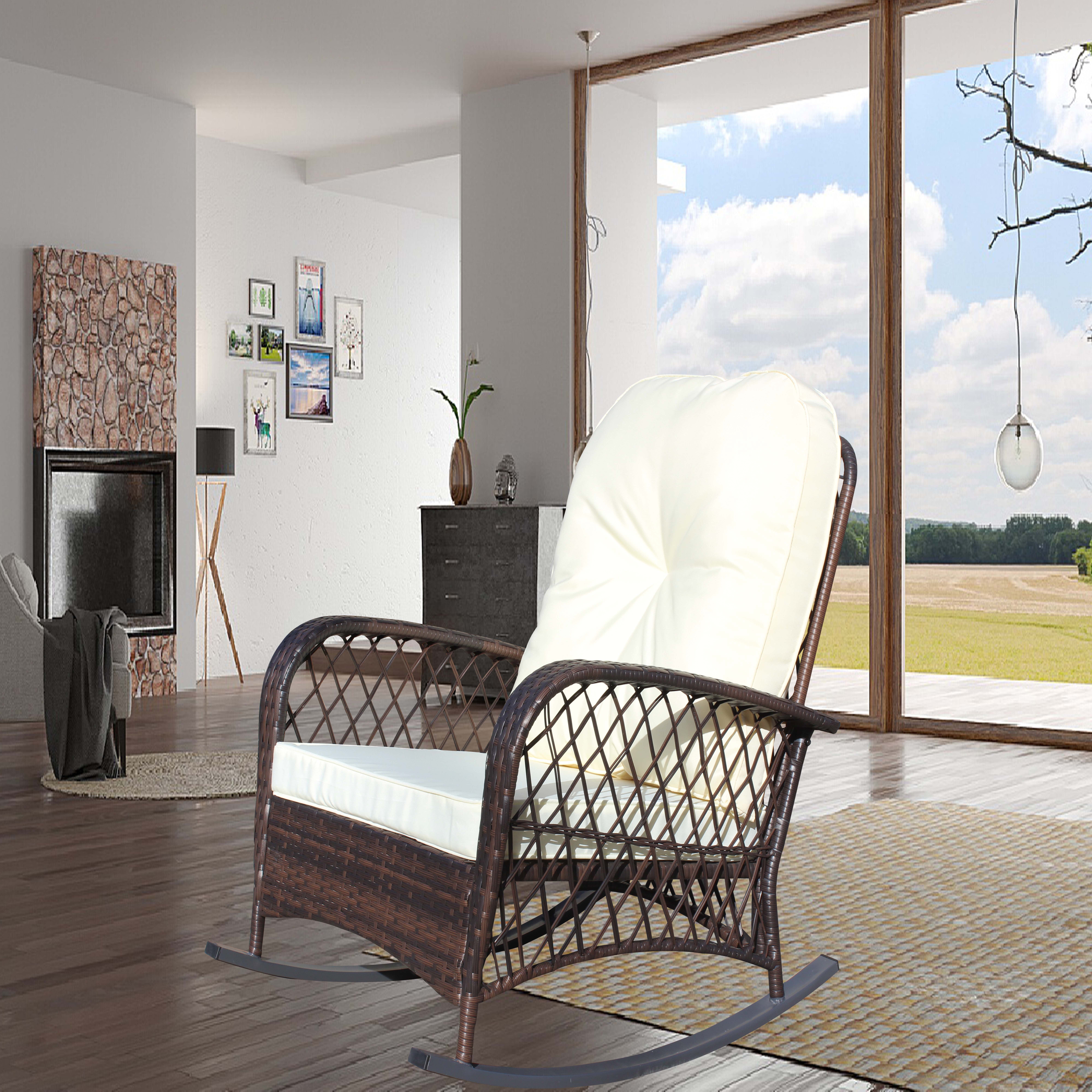 Wicker Outdoor Rocking Chair, Wide Seat Thick Cushion Steel Frame Rattan Rocker for Patio Garden Backyard Relax Area, Beige