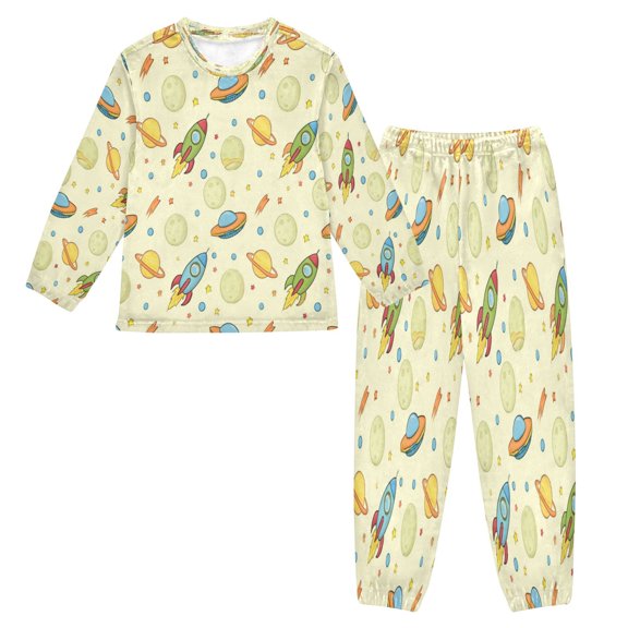 Kids Plush Pajamas Set Warm Loose-Fit Long Sleeve Pajama Top and Pants Set Moon and Rocket X-Small