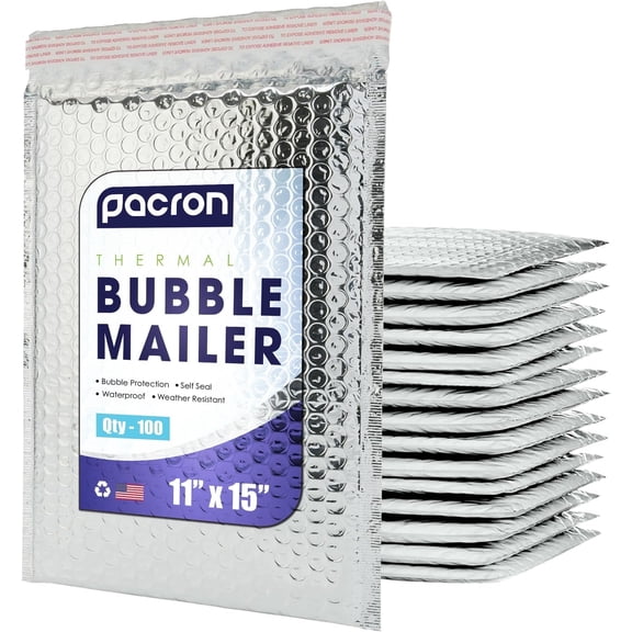 Pacron Poly Bubble Mailers 11x15 inch 100-Pack - Waterproof Self-Sealing Thermal Padded Envelope for Shipping - Durable Shipping Envelopes for Food, Cosmetics & Temperature-Sensitive Items 