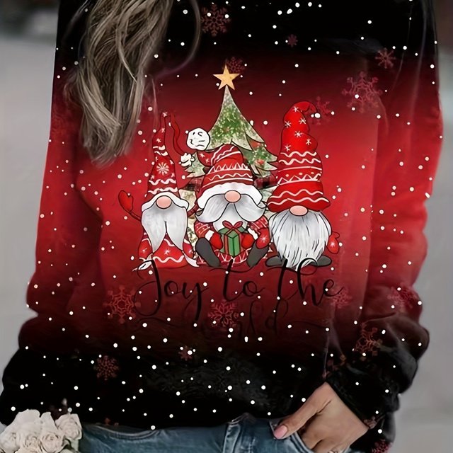 Plus Size Christmas Top, Women's Plus Christmas Dwarf & Slogan Print Ombre Long Sleeve Round Neck Slight Stretch Top