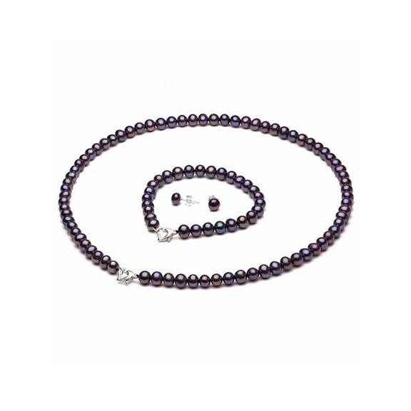 ADDURN 8-9mm Black Freshwater Pearl Heart-Shape Sterling Silver Necklace (18"), Bracelet (7") Set with Bonus Pearl Stud Earrings