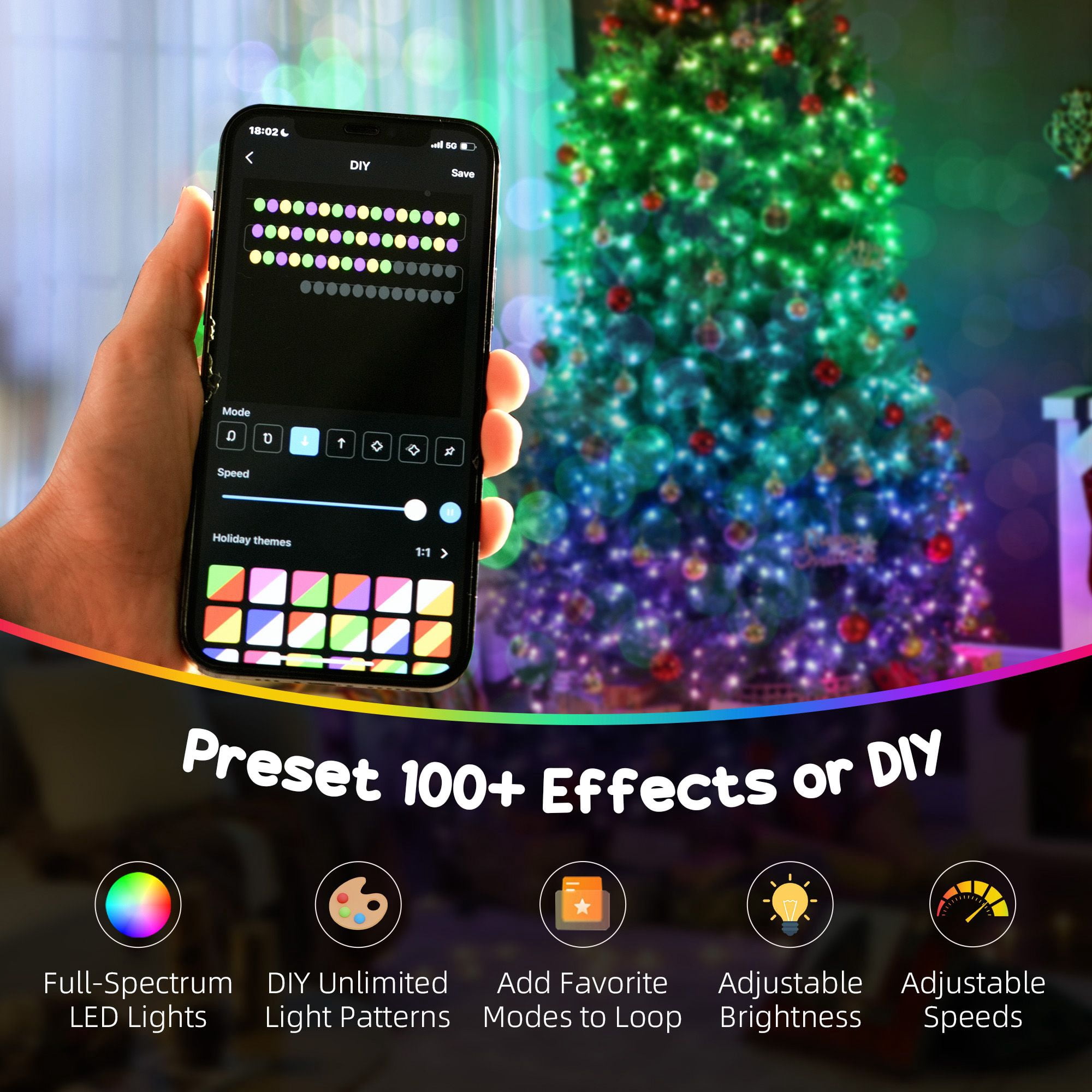 6 ft Prelit Christmas Tree with 448 Full-Spectrum LEDs, Smart App Control, Hinged Branches, 1602 Tips, Indoor Holiday Decoration