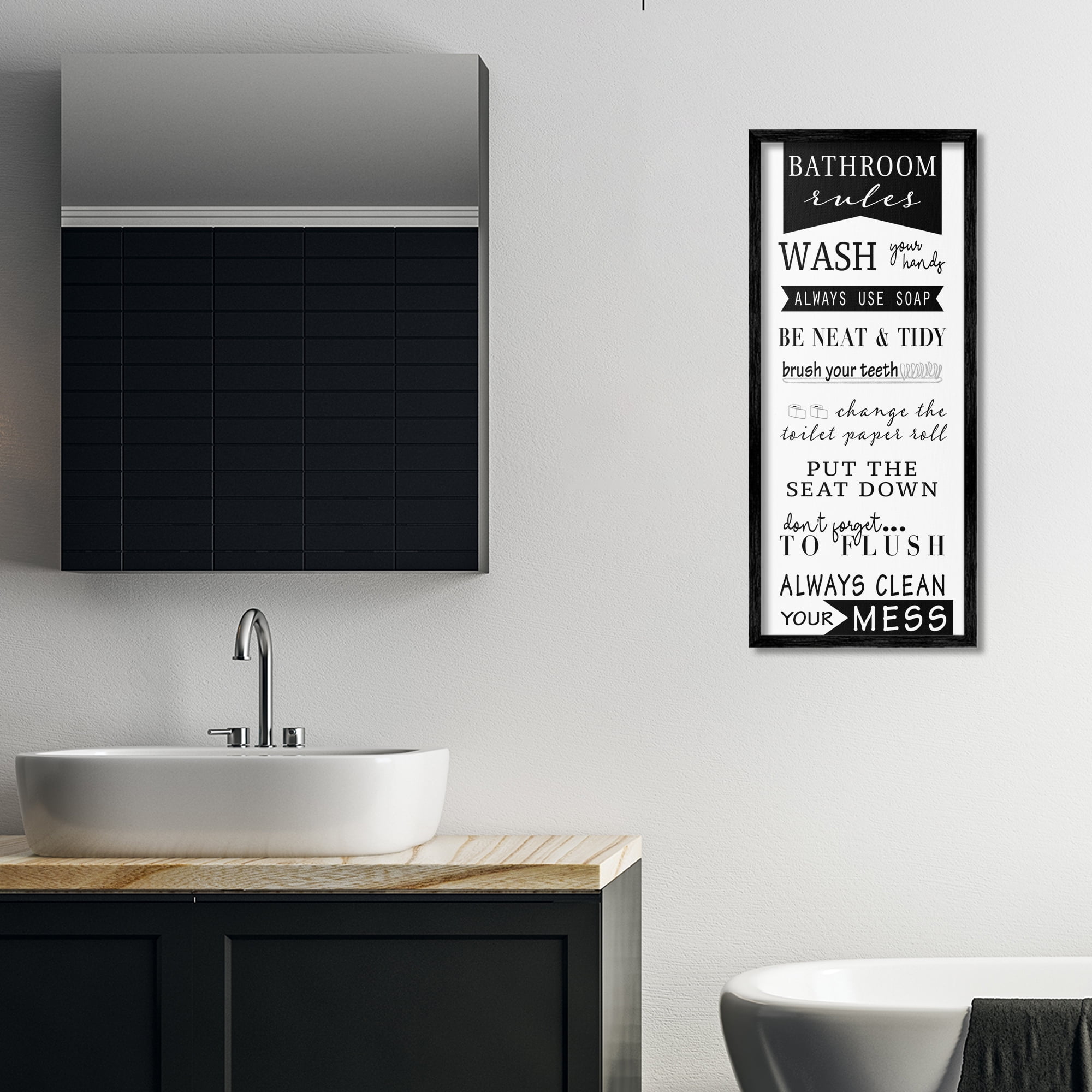 Stupell Industries Black Bathroom Rules Typography Painting Black Framed Art Print Wall Art, 13 x 30