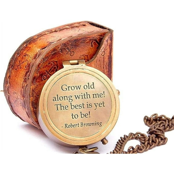 Grow Old with ME Engraved Brass Nautical Compass ON Chain with Leather CASE, Directional Magnetic Compass Rustic Vintage Home Decor Gifts