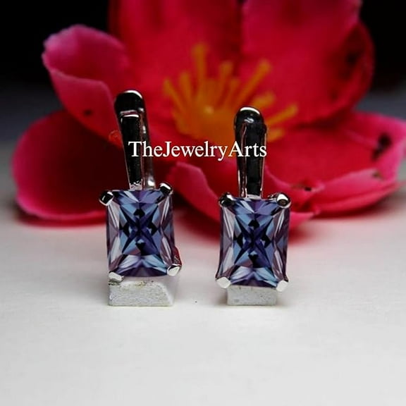 Elegant Alexandrite Hoop Earrings 925 Sterling Silver – Color-Changing Stone Earrings with Emerald Cut Alexandrite Perfect for Women Black Vermeil