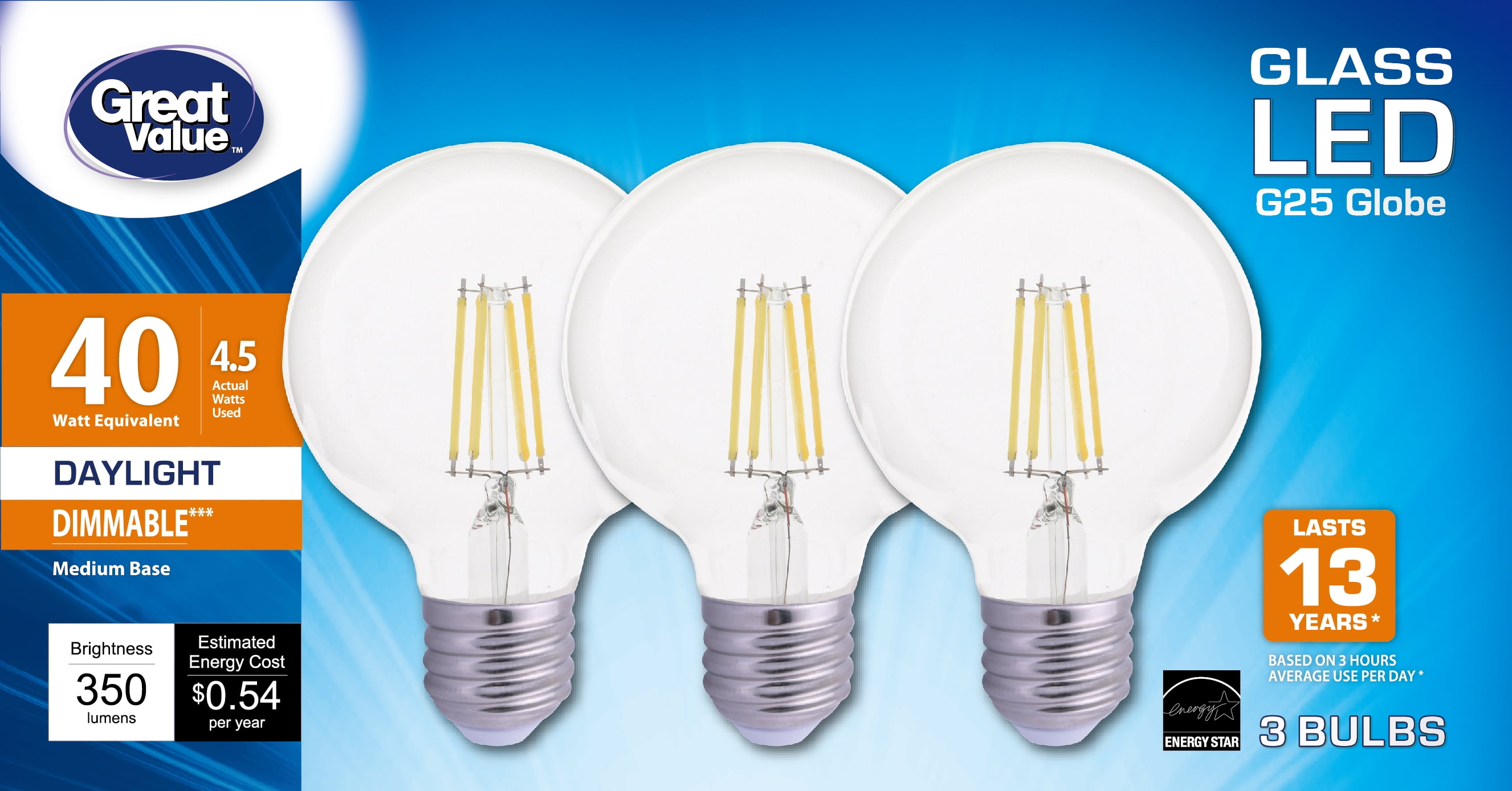 Great Value Led G25 4.5W Clear Light bulb Daylight 40w Eqv. E26, 3 Pack