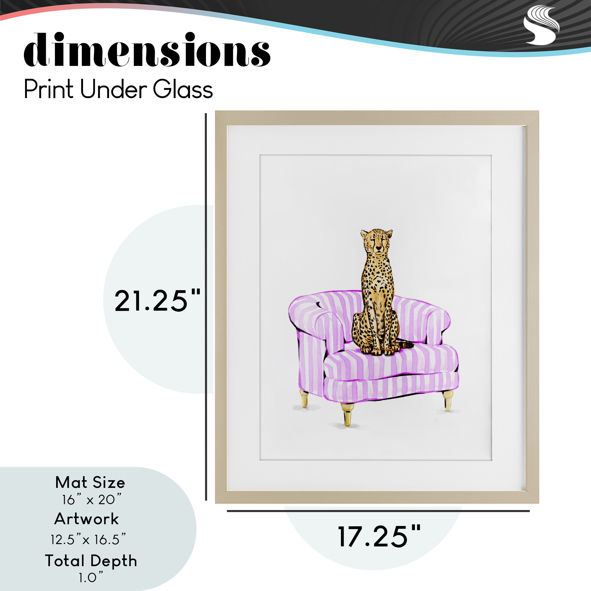 Cheetah on Pink Stripe Chair Birch Framed Print Under Glass, design by Ziwei Li