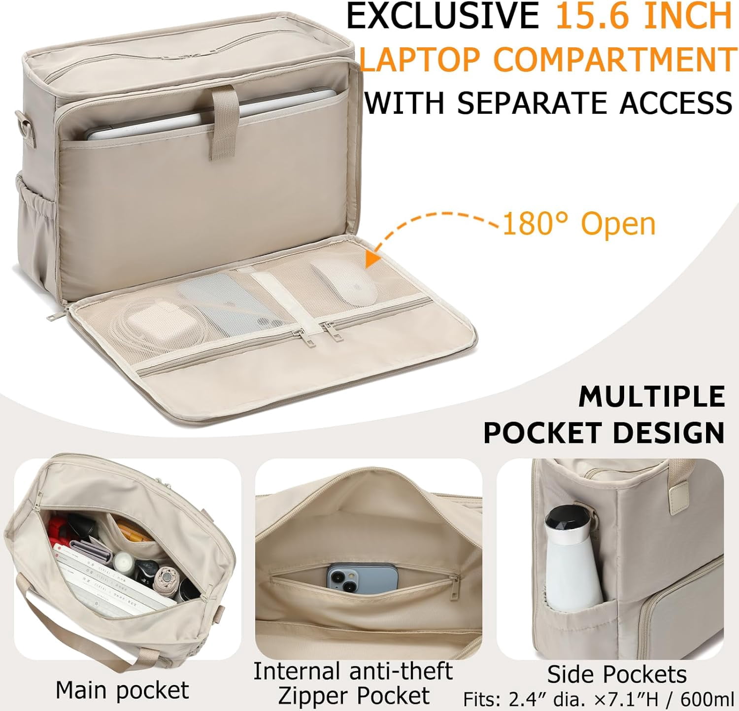 Mirlewaiy 2-in-1 Lunch & Laptop Tote Bag 15.6" Work Bags for Women Polyester Casual Teacher Nurse Bag Laptop Briefcase-Khaki