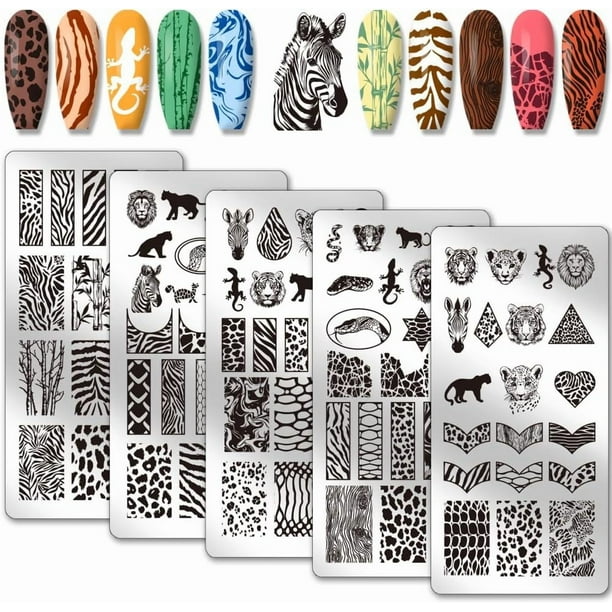 5 placas de estampado animal para uñas, plantillas mixtas para decoración de uñas con estampado de leopardo, tigre y león, placas de acero inoxidable con imágenes para uñas.