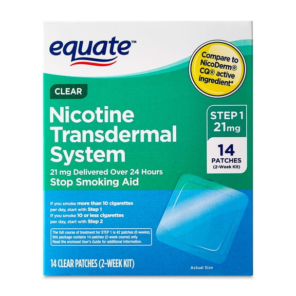 Equate Nicotine Transdermal Patch Step 1, 21 mg, 14 Count – Stop Smoking Aid, Clear Patch, Compare to Nicoderm® CQ®