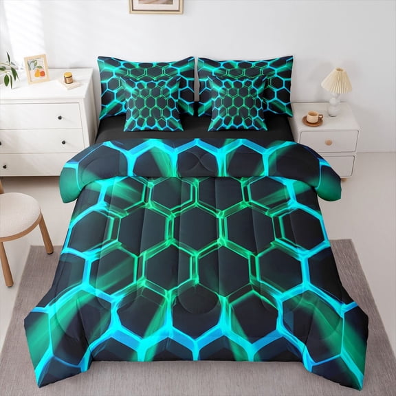 Castle Fairy Neon Honeycomb Twin Bedding Sets,Gradient Hexagon Bedding Comforter Set