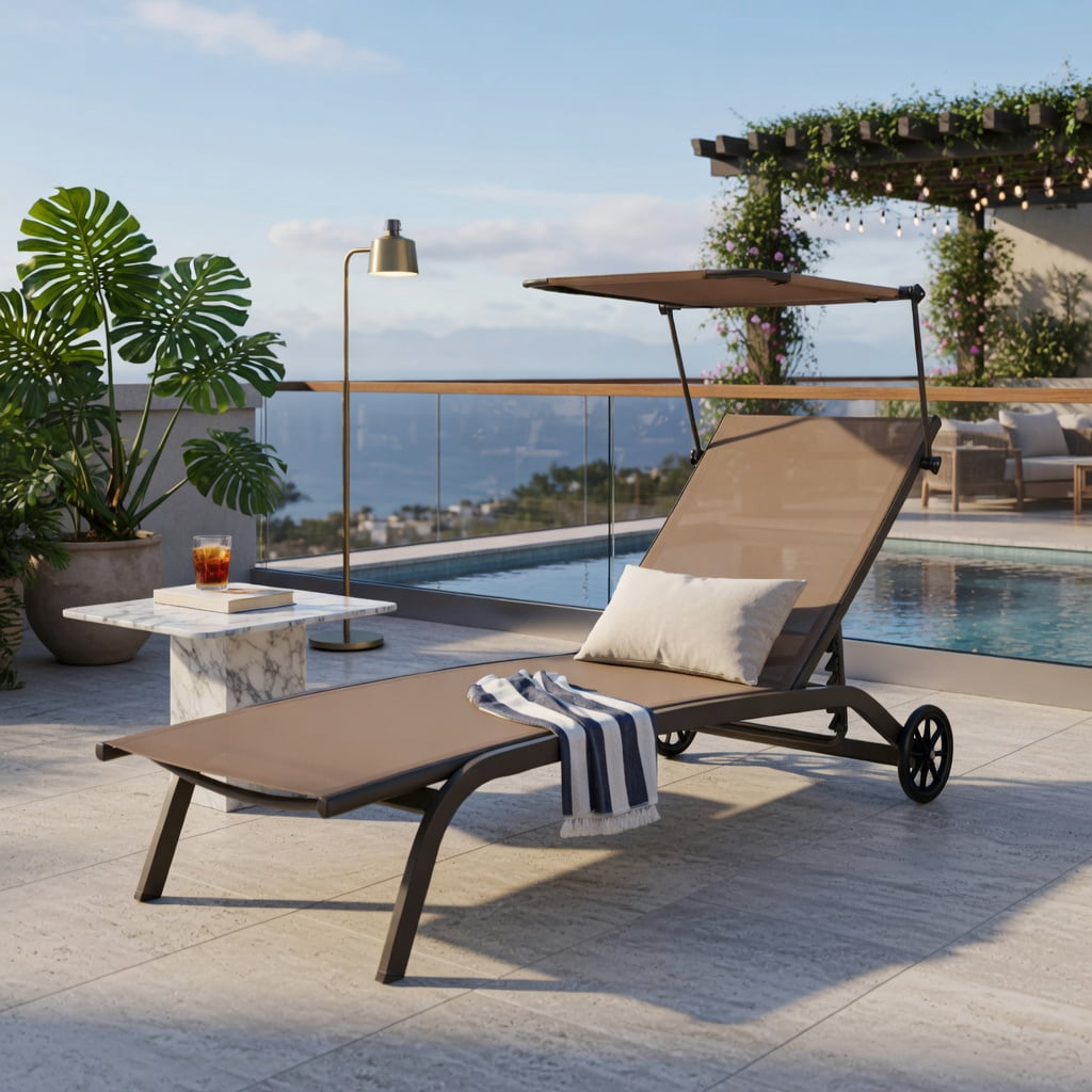 Hommoo Heavy-Duty Adjustable Chaise Lounge Chair with Rotating Sun Canopy, Built-in Cup Holder & Smooth-Rolling Wheels, Outdoor Recliner for Patio, Poolside & Balcony, Brown