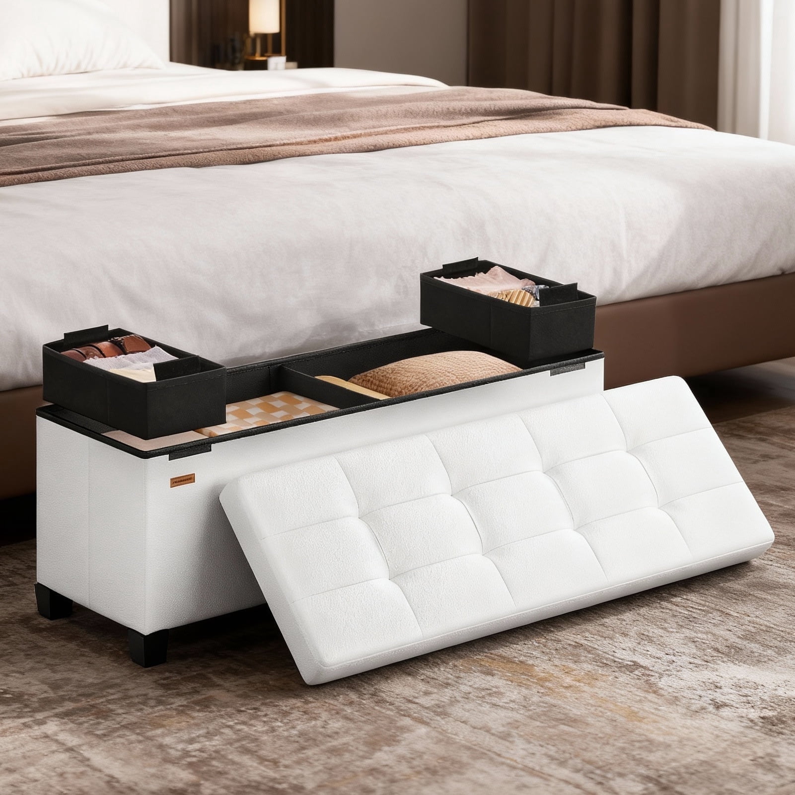 LEDREM 43-Inch Storage Ottoman Bench, 660 lb Capacity Foldable Footrest with 30 Gallon Storage, Synthetic Leather, Cloud White