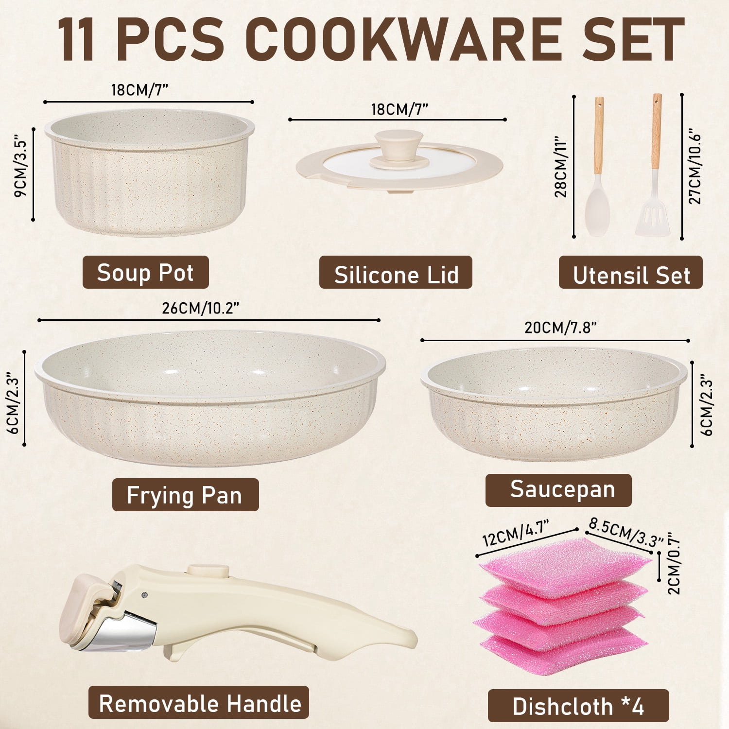 Dr.Camp 11-Piece Nonstick Cookware Set with Detachable Handle, Stackable Pots and Pans Set, Oven Safe Kitchen Cookware for Easy Storage and Everyday Cooking