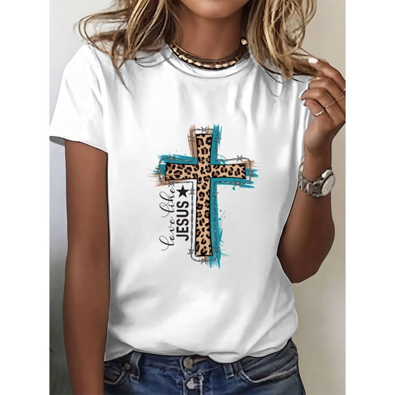 Women's Faith-Based "Love Like Jesus" Leopard Print Cross Graphic Comfortable T Shirt Short Sleeve Round Neck Top White S-5XL