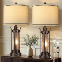 Farmhouse Table Lamps Set of 2 for Living Room, Beside Lamps for Bedroom with USB A C Charging Ports, Rustic Nightstand Lamp with Frosted Glass Night Light, 4 Bulbs Included (Oil Rubbed Bronze)