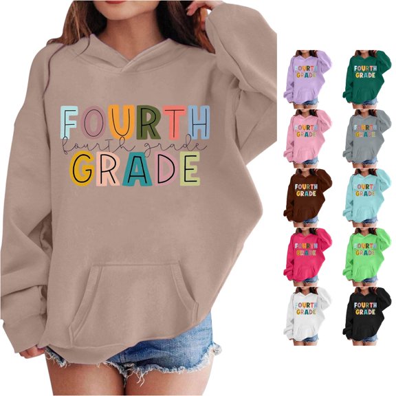 RMGVDSD Hoodies for Girls Back To School Hooded Sweatshirts Letter Print First Day Of School Hoodie Pullover Tops Loose Fit Trendy Clothes Comfy Sweatshirt 3-4 Years