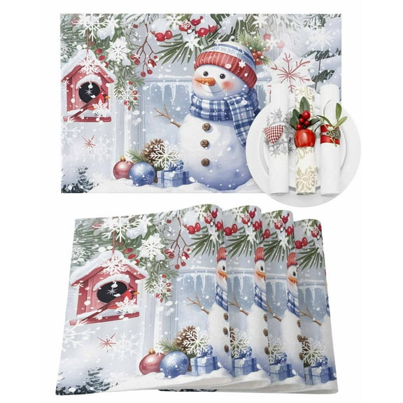 Christmas Placemats Set of 6, Snowman Xmas Ball Place Mats Berry Bird Pine Needles Placemat Table Decoration for Kitchen Table Dinner Xmas Holiday Party Home Decor Indoor Outdoor 13x19 Inch