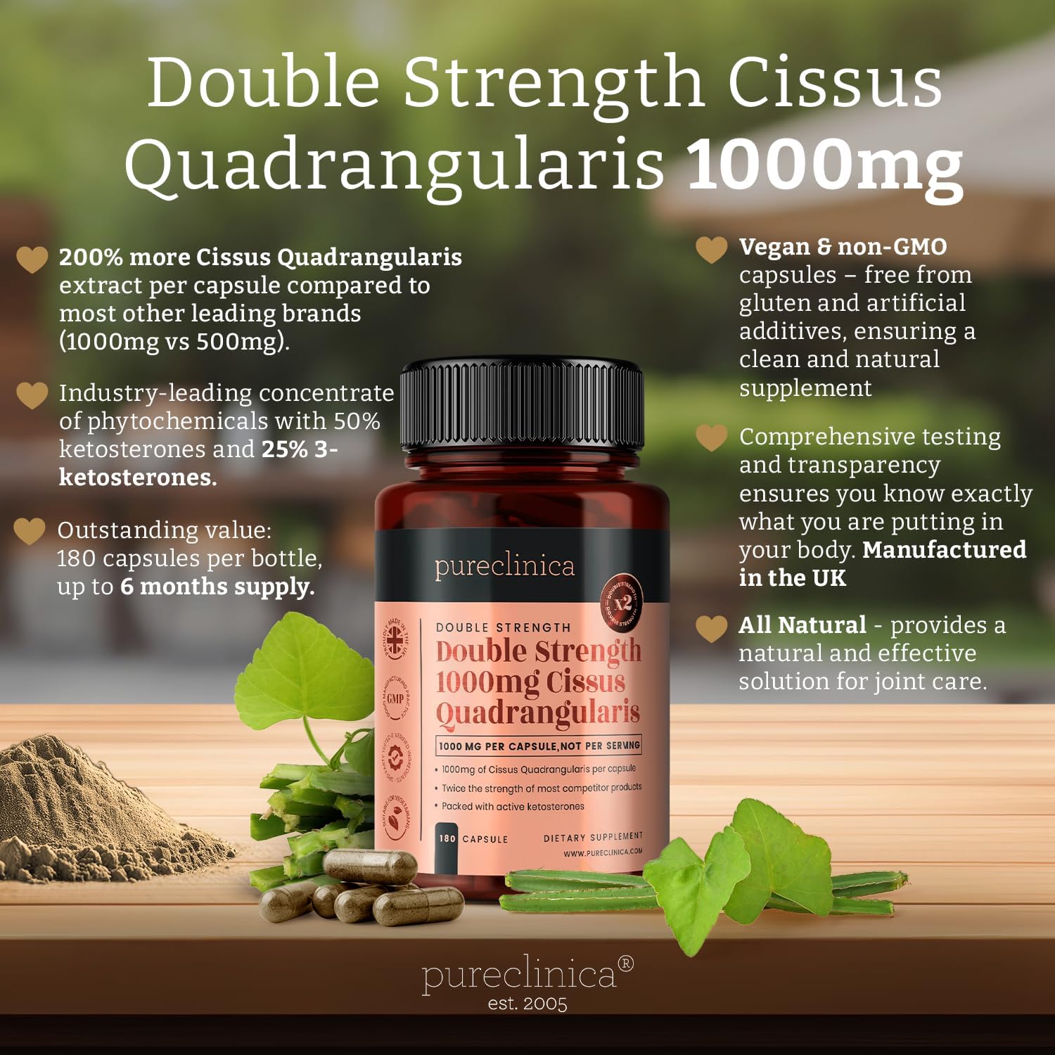Pureclinica Double Strength Cissus Quadrangularis 1000mg x 180 Veggie Capsules
