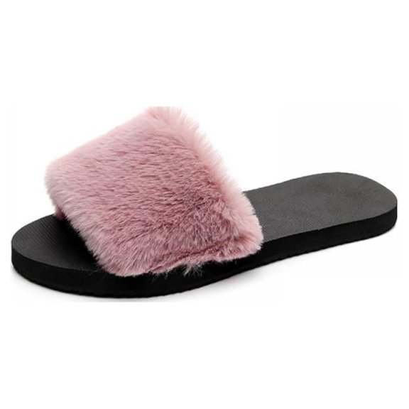 Women‘s Fuzzy Faux Fur Memory Foam Cozy Flat Spa Slide Slippers Comfy Open Toe Slip On House Shoes Sandals