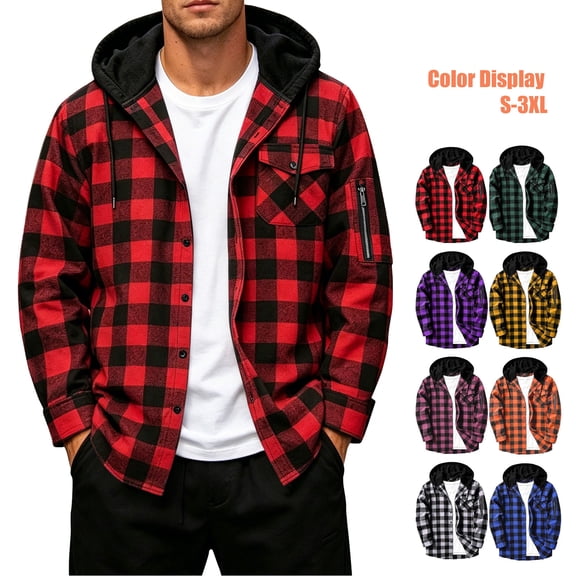 Jovrlynd Mens Hoodie Flannel Shirts Plaid Button Down Long Sleeve Hoodie Shacket with Pocket Fashion Casual Hooded Shirt, S-3XL