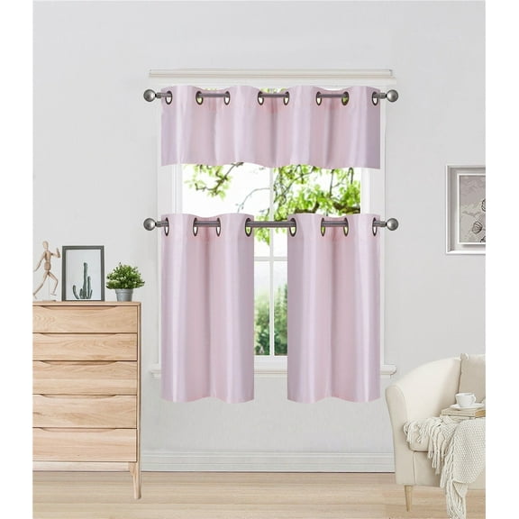 K7 Pink 3-Piece Solid Faux Silk Blackout Grommet Kitchen Window Curtain Set, Two (2) Lined Tiers Panel 28"W x 24"L Each and One (1) Matching Lined Valance 56"W x 14"L