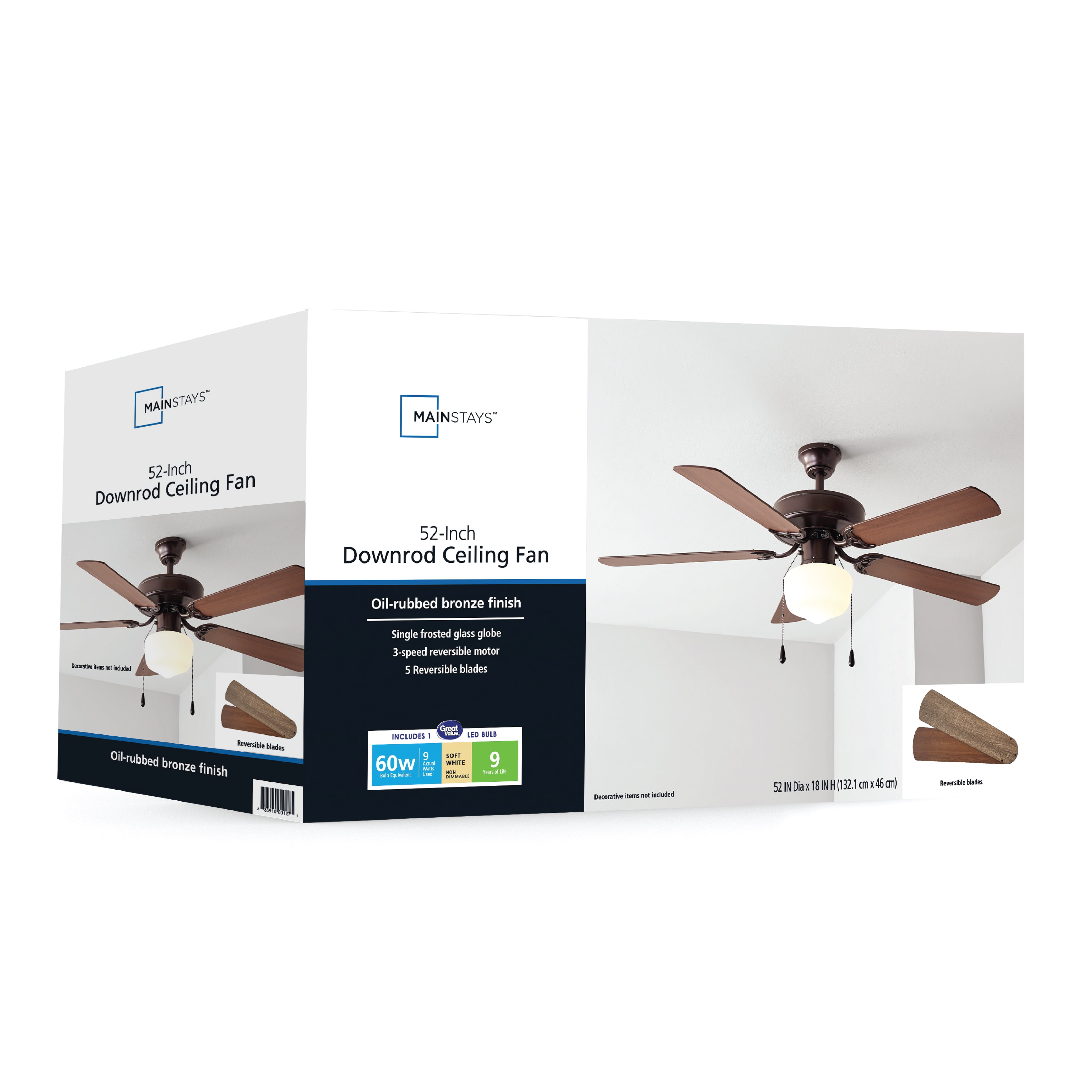 Mainstays 52 inch Downrod Ceiling Fan with Light Kit, Bronze, 5 Blades, Reverse Airflow for Bedroom