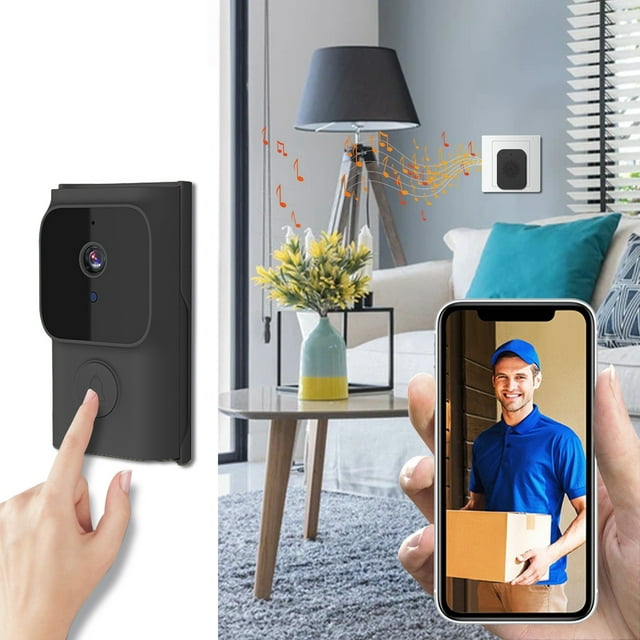 Sonnette Vidéo Intelligente Sans Fil, Vision Nocturne HD, Conversation Bidirectionnelle et Batterie de 6 Mois, Grand Angle de 75°, Résolution 640x480, Résistante aux Intempéries pour la Sécurité à la Maison, Installation Bricolage Facile avec Alertes d'Appli, Wi‐Fi 2,4 GHz