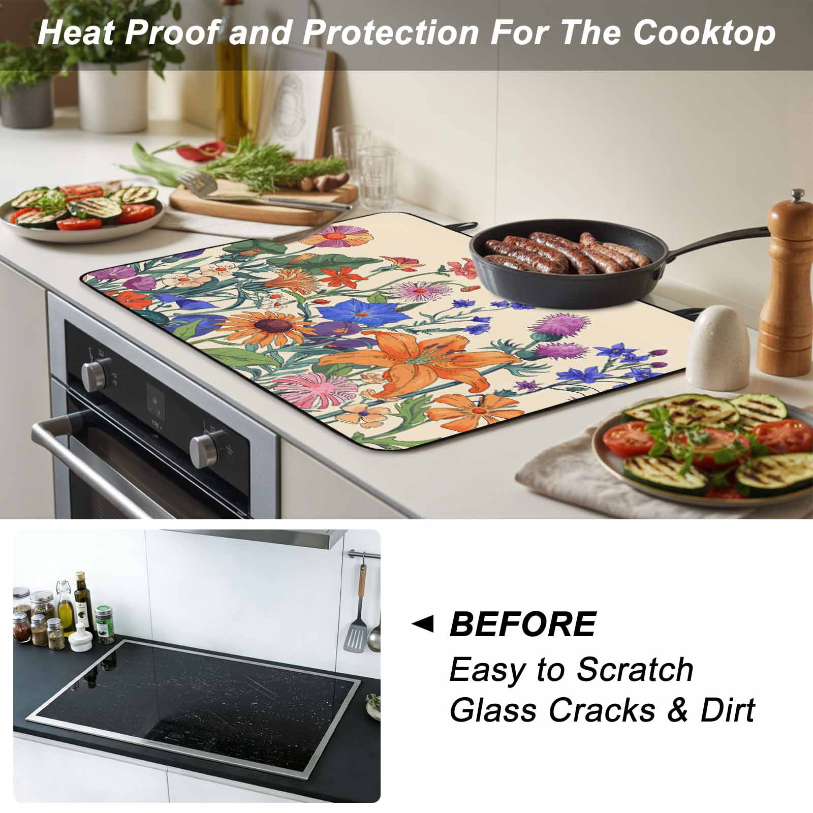 Spring Floral Stove Top Cover for Electric Stove, Heat-proof & Non Slip Glass Top Stove Cover Protector, Purple Yellow Flower Farmhouse Kitchen Flat Cooktop Rubber Mat 24x21 Inches