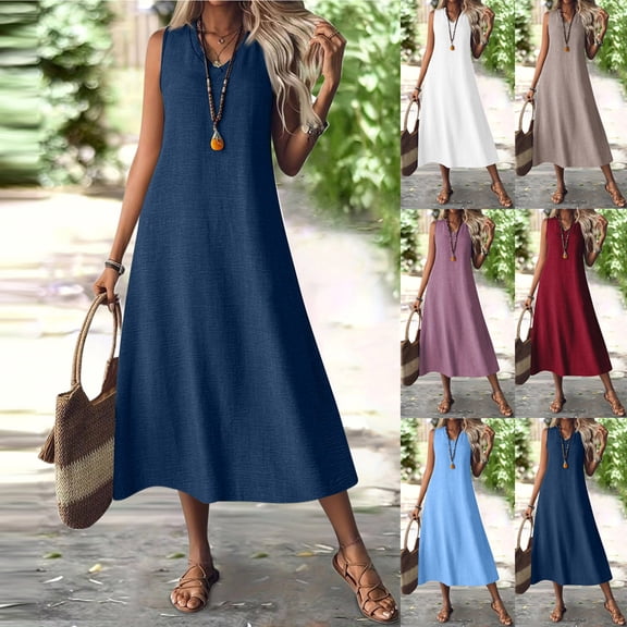 Horkkom Summer Dresses for Women V Neck Sleeveless Maxi Dresses Casual Loose Solid Color A Line Dresses L