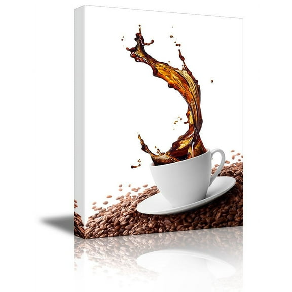 Canvas Prints Wall Art - Cup of Coffee with Splash Surrounded by Coffee Beans | Modern Wall Decor/Home Decoration Stretched Gallery Canvas Wrap Giclee Print & Ready to Hang - 24" x 36"
