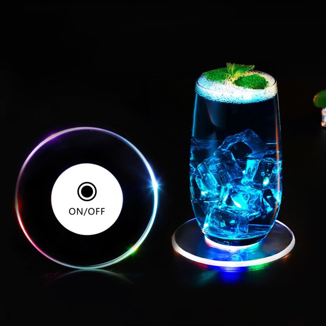 RKSTN Luminous Coaster 6Pc Acrylic Crystal LED Luminous Bar Cocktail Colorful Decoration Pad Kitchen Gadgets