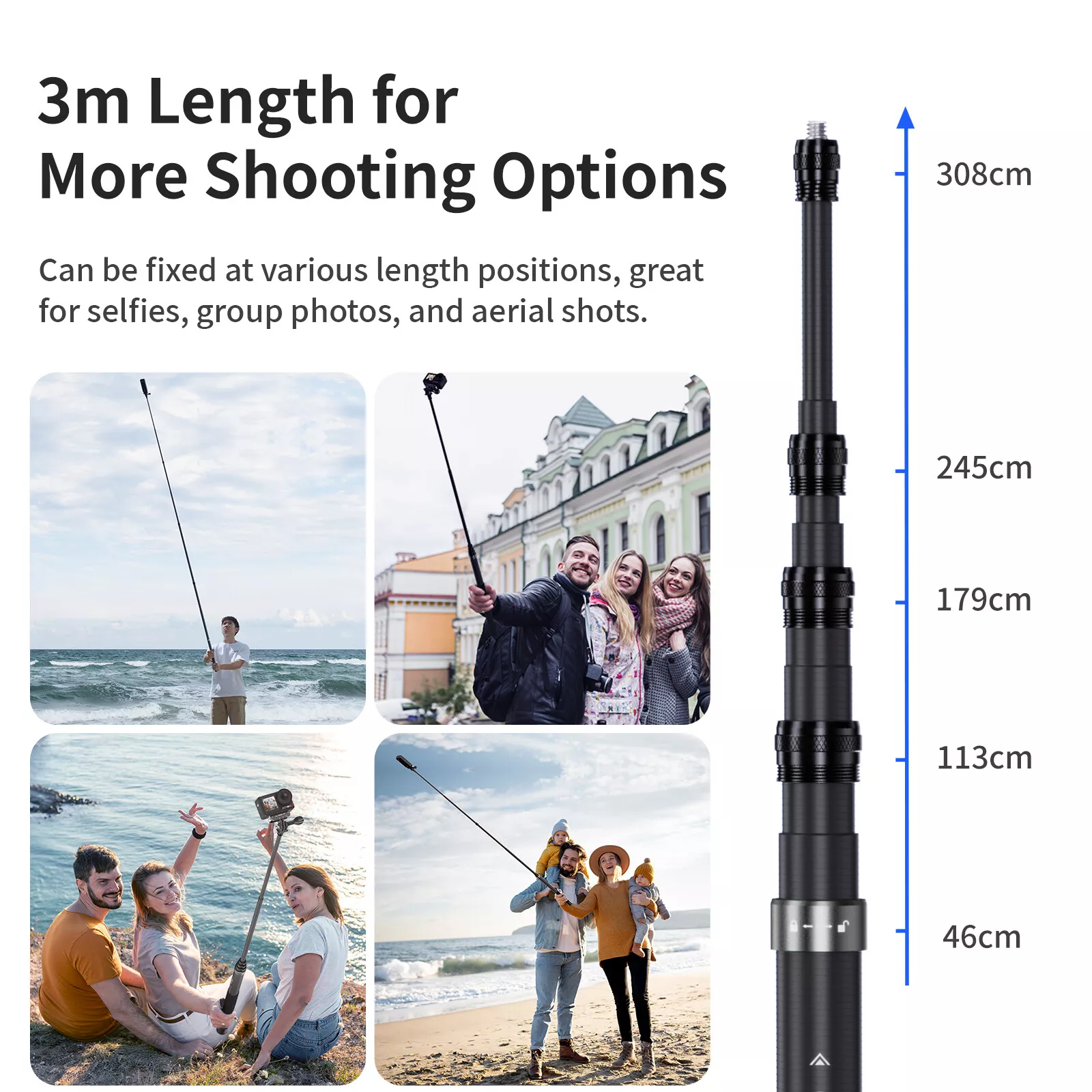 3M Carbon Fiber Extendable Selfie Stick for Insta360, DJI, GoPro – Ultra Lightweight with Tripod Base & Travel Carry Bag