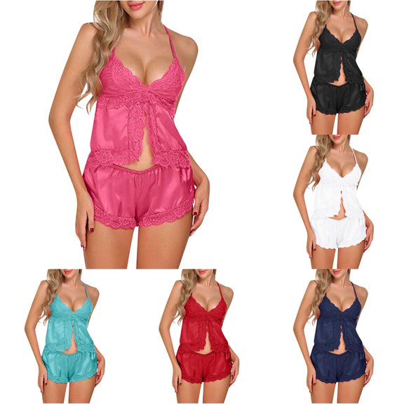 HCYSFG Women's Solid Lace Pajama Sets 2 Piece Deep V Neck Sleeveless Cami Tank Top Sleepwear With Soft Elegant Slim Fit Shorts Set