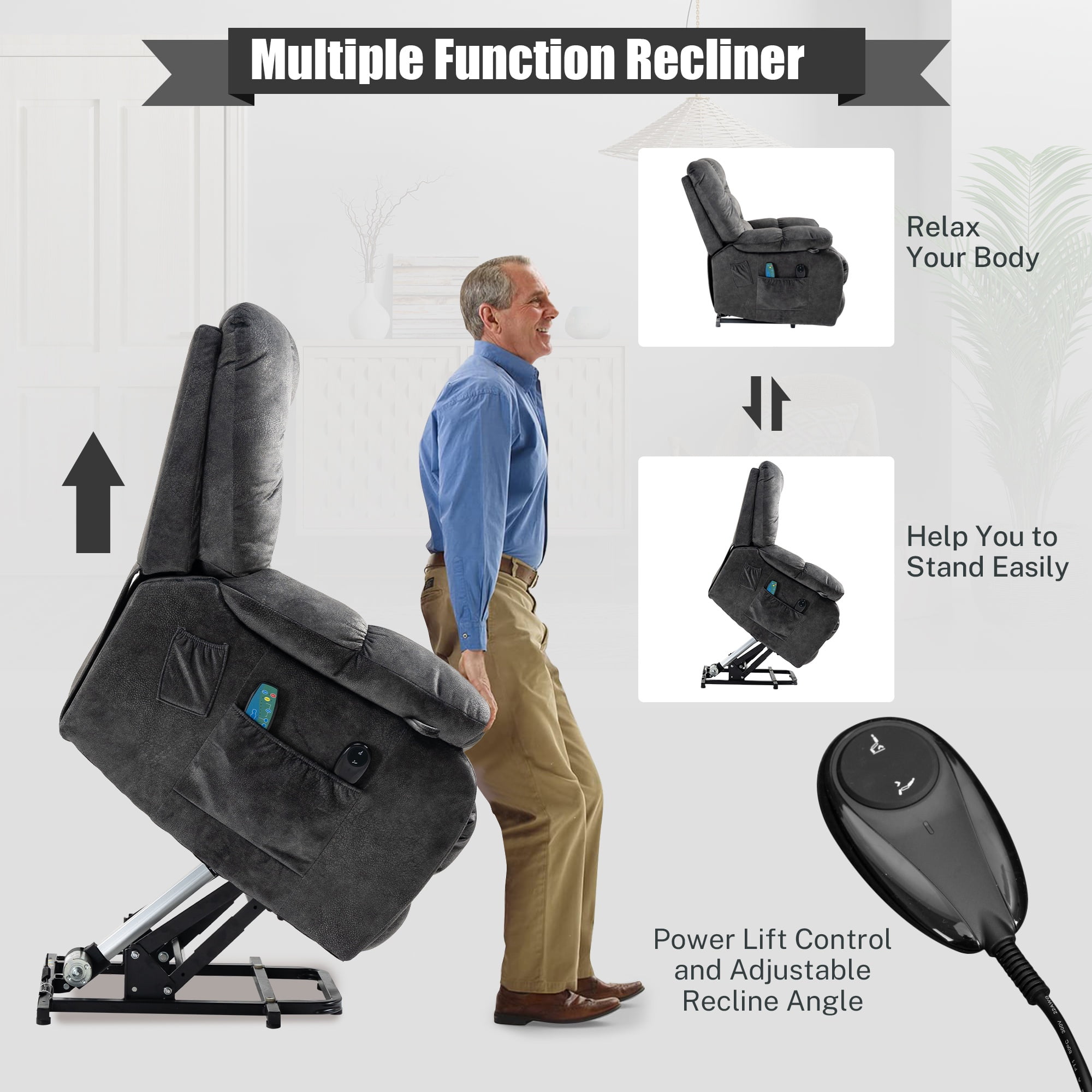 Power Lift Recliner Chair with Heat and Vibration Massage, UHOMEPRO Modern Fabric Elderly Electric Reclining Sofa with Remote Control and Side Pockets for Living Room Home Theater, Gray