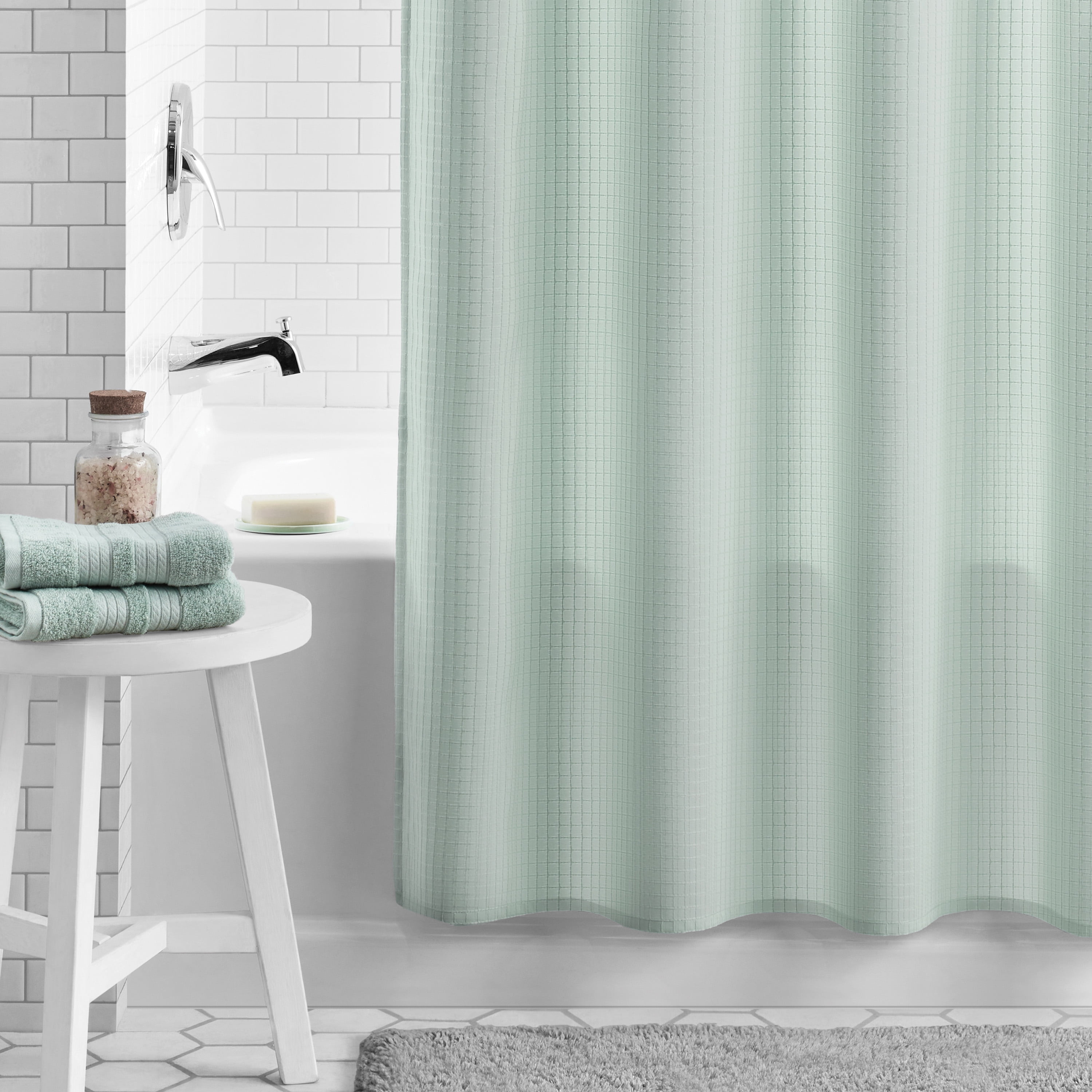 Mainstays Waffle-Weave Fabric Shower Curtain with Recycled Polyester, 72 in x 72 in, Green