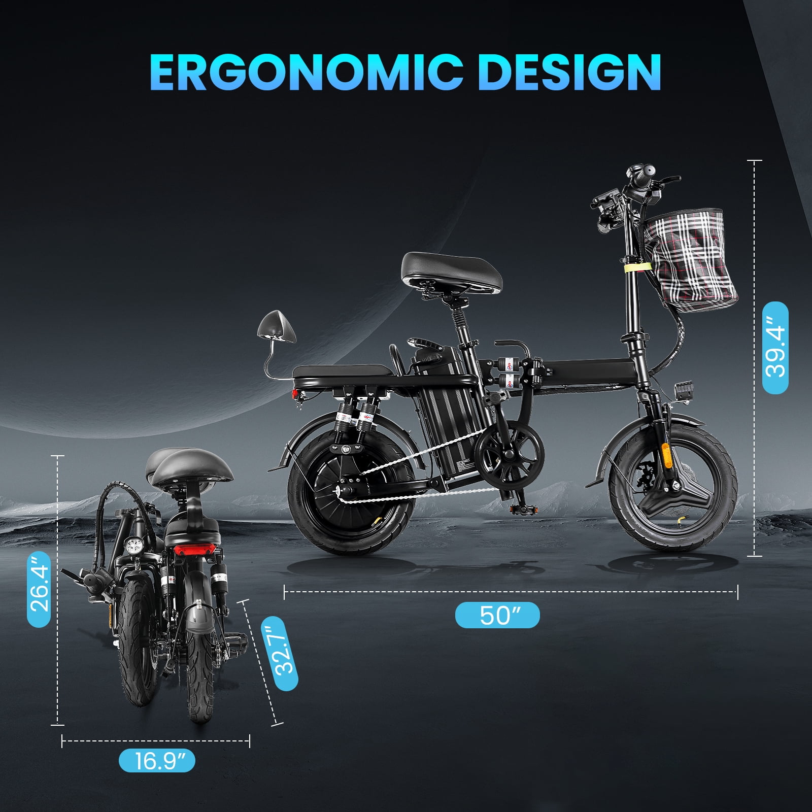 Electric-Bike-for-Adults, Folding-E-Bike-with-Basket, 14" Wheels, 20 mph, 500W Brushless Motor, 48V 15AH Removable Battery, 9 Shock Absorbers, 30-Mile Range, LCD Display