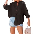 thumbnail image 1 of Camisas de manga larga con botones para mujer, blusa de manga larga con cuello en V holgada informal a la moda, Color puro, 1 of 6
