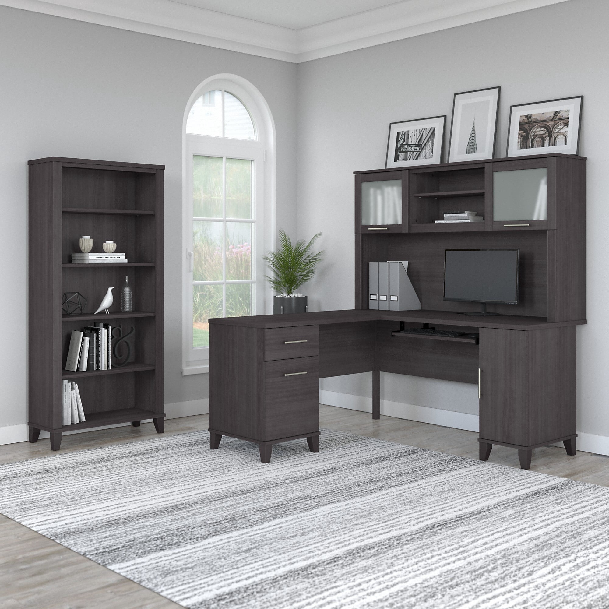 Bush Furniture Somerset 60" L Shaped Desk with Storage, Storm Gray