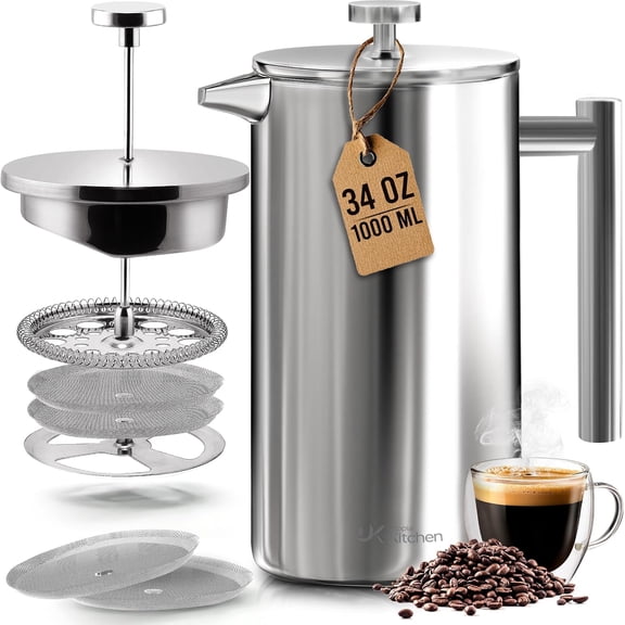 Utopia Kitchen 304 Grade Stainless Steel French Press Coffee Maker, 34 Oz, Double Wall Insulated, 4-Level Filtration System, Includes 2 Extra Filters, Rust-Resistant, Dishwasher Safe
