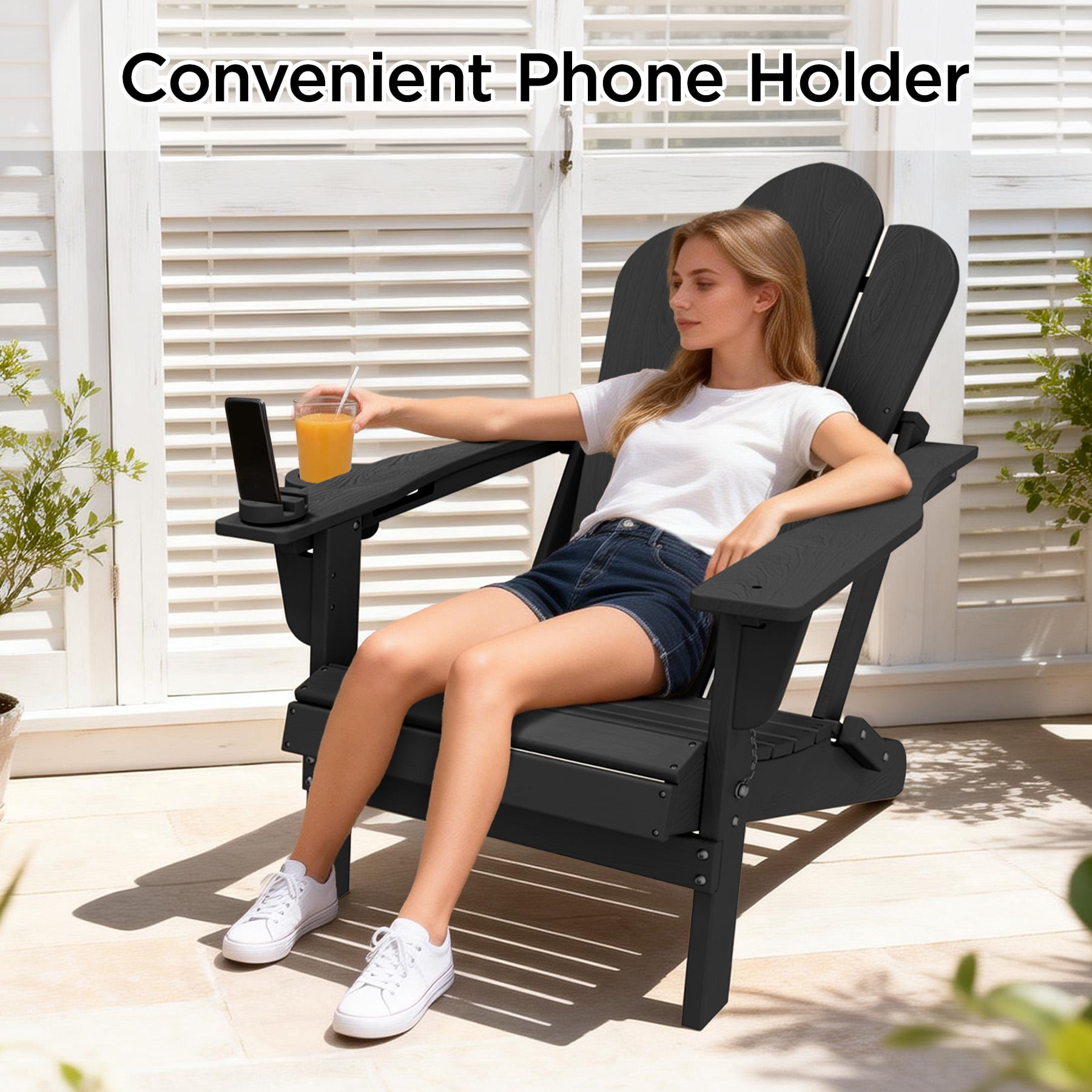Tappio Folding Adirondack Chair Set of 2, All Weather HDPE Outdoor Patio Chairs with 3- Position Adjustable Backrest, Detachable Multifunctional Holders and Cup Holders, Fire Pit Chairs, Black