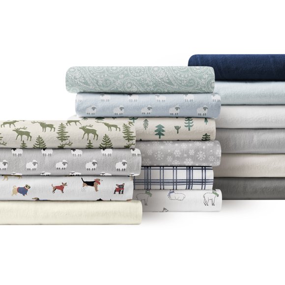 Brielle Home Ensemble de Draps en Flanelle Coton Doux Chaud et Confortable Moderne Chic avec Poches Profondes Élastiques, Grand Lit, Chiens Blanc